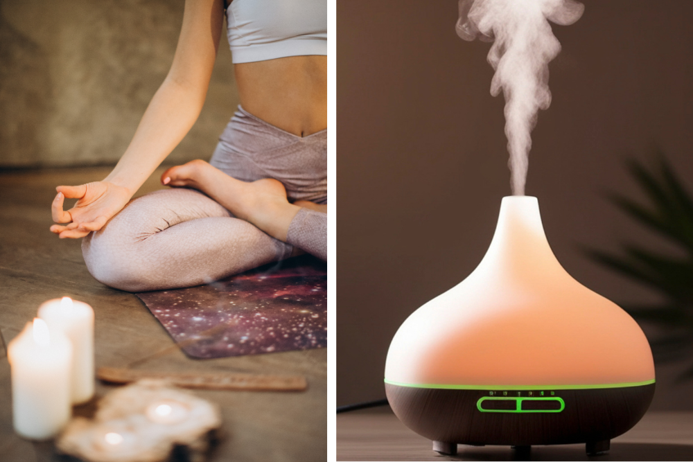 Žena při relaxaci a aromadifuzér s jemnou párou, atmosféra domácí aromaterapie a klidu.